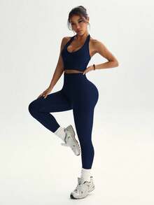 SHEIN Sports 女士纯色露脐吊带背心和紧身裤运动套装 - 彩色 - 查看 7