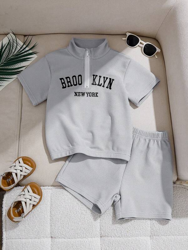 2pcs Set Knitted Waffle Texture Half-Zip Front Embroidered English Text Short Sleeve Top And Shorts, Fashionable Casual Daily Wear