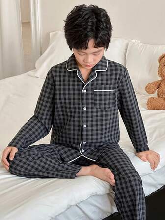 2pcs Kids/Tween Boys Casual Comfortable Contrast Collar Drawstring Cardigan Long Sleeve Pajama Set With Straight Solid Color Pajama Pants
