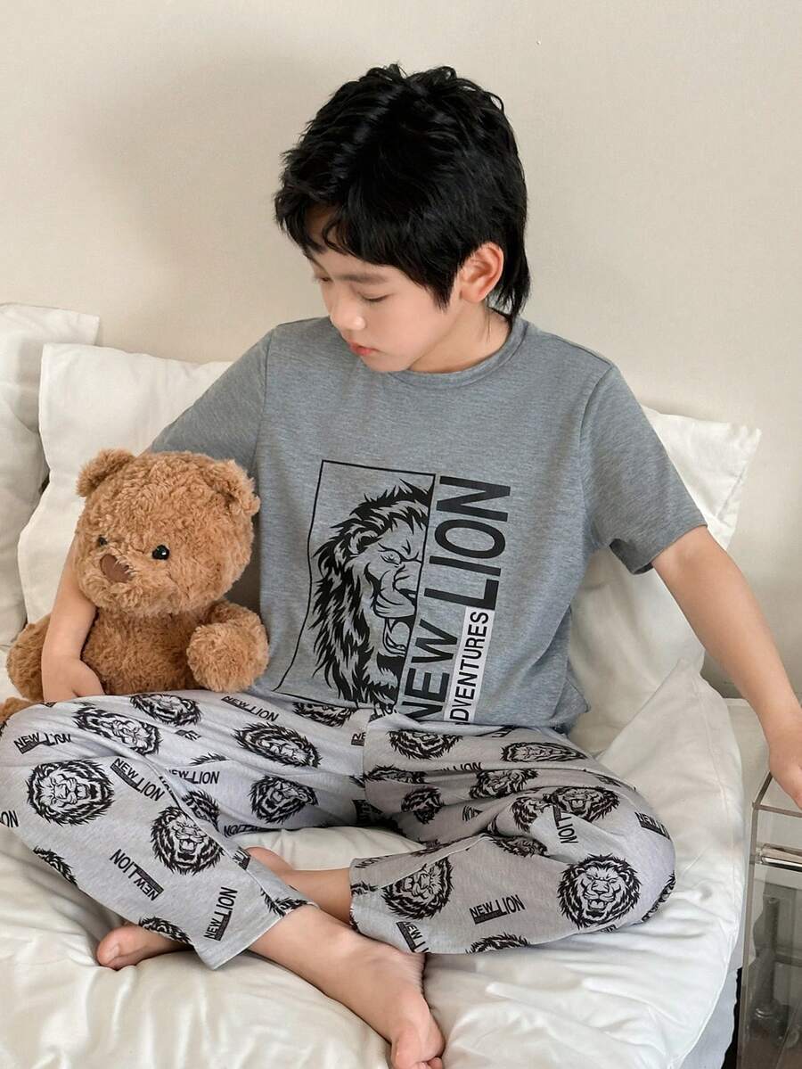 2pcs Kids/Tween Boys Casual Comfortable Printed Graphic Crew Neck Short Sleeve Pajama Set - Top And Pants - Multicolor - View 1