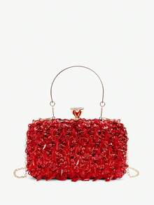 SHEIN BAE Túi cầm tay đính hạt cổ điển, dây đeo vai có thể tháo rời, túi xách polyester màu trơn có khóa cài, trang trí ví hình hộp, thích hợp cho tiệc và dạ hội - Đỏ - Xem 3