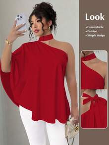SHEIN Elenzya 大码女式斜肩系带纯色衬衫 - 紅色 - 查看 1