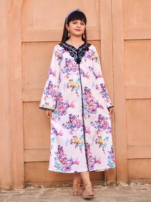 Vestido de moda casual para niñas con patrón floral de tela tejida, con cuello con adorno de flores 3D y ribete de cinta, suelto y cómodo, adecuado para primavera, verano, otoño, uso diario, al aire libre, fiesta, sesión de fotos - Multicolor - Ver 3