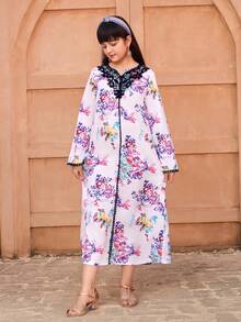 Vestido de moda casual para niñas con patrón floral de tela tejida, con cuello con adorno de flores 3D y ribete de cinta, suelto y cómodo, adecuado para primavera, verano, otoño, uso diario, al aire libre, fiesta, sesión de fotos - Multicolor - Ver 4