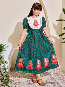 Vestido verde con manga de farol, volantes y moño con estampado floral de rosa, diseño de princesa de dibujos animados, adecuado para salidas, escuela, transporte, uso primaveral, Ramadán, abaya, jalabiya, ropa árabe tradicional - Verde - Ver 6