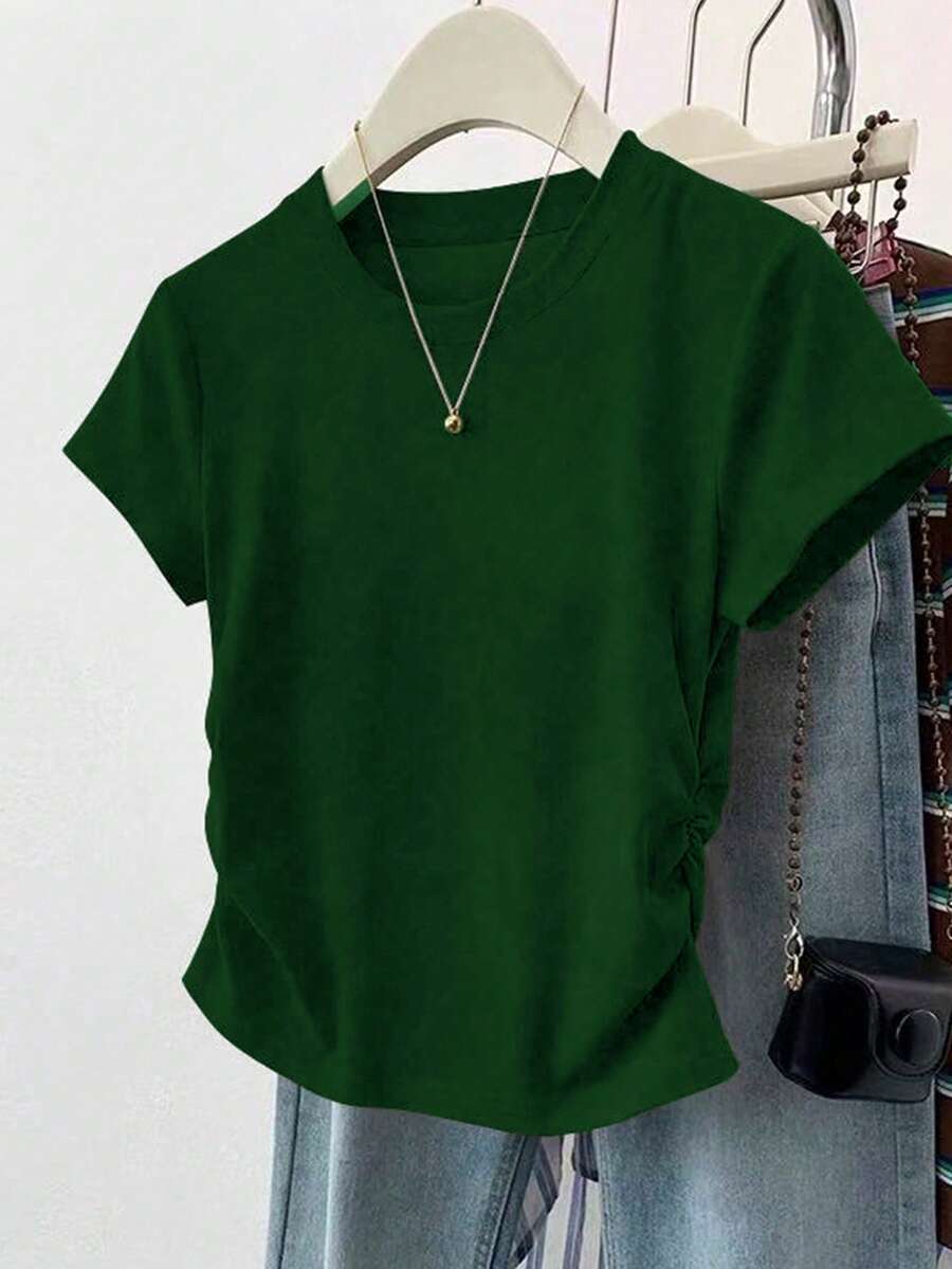 EMERY ROSE 女士纯色圆领短袖褶皱休闲百搭T恤 - 綠色 - 查看 1