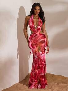 Opulessa 女士碎花露背吊带连衣裙，夏季度假 - 紅色 - 查看 4