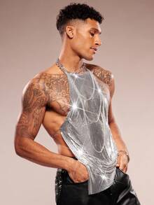 男士休闲性感金属链条无袖吊带背心，春夏款 - 銀色 - 查看 3