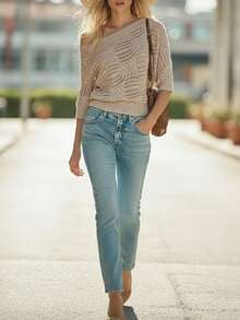 EMERY ROSE 女士镂空罗纹圆领插肩袖套头毛衣，时尚休闲，适合春、夏、秋、冬四季穿着。 - 杏色 - 查看 4