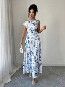 Elenzga Women's Floral Print Ruched Asymmetric Shoulder Elegant Vacation Dress - Blue and White - View 5