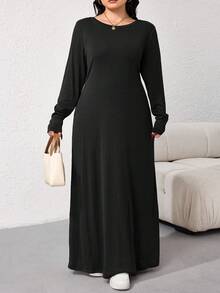 Veilorie Vestido casual de uso diario, de unicolor y cuello redondo, en talla grande - Negro - Ver 3