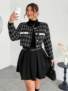 Firerie Plus Size Women's Elegant Commuter Workwear Sophisticated High-End Afternoon Tea Slightly Sexy Date Music Concert Collegiate Vintage Black & White Plaid Print Long Sleeve Jacket & Pleated Mini Skirt, Back To School Outfit Flannel Wednesday Addams In Fall/Winter