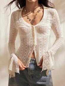 Easelle 复古波西米亚风V领收腰喇叭袖女式上衣 - 杏色 - 查看 1