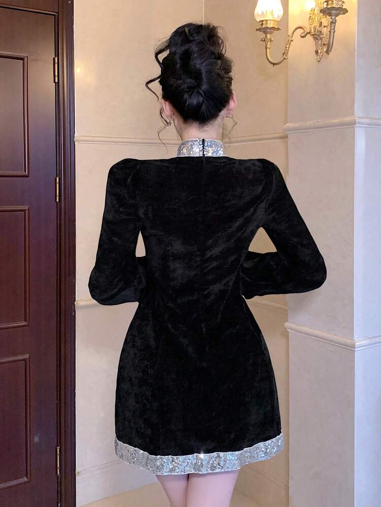 Bow Tie Sequin Embellished Midi Black Dress, Women Short Dress Prom Dress