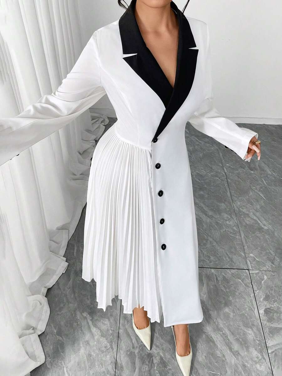SHEIN Elenzya Große Größen Elegantes Pendlerkleid für Damen, mit Kragen, Langarm, Taillenbund mit Falten, Schwarz & Weiß, Herbst/Winter - Schwarz und Weiss - Übersicht 1