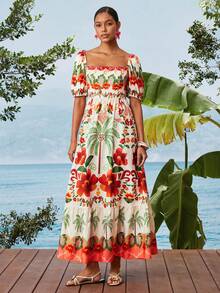 Travachic Women's Summer Beach Vacation Tropical Print Sweetheart Neck Puff Sleeve Waist Ruffle Hem Dress - Multicolor - View 7