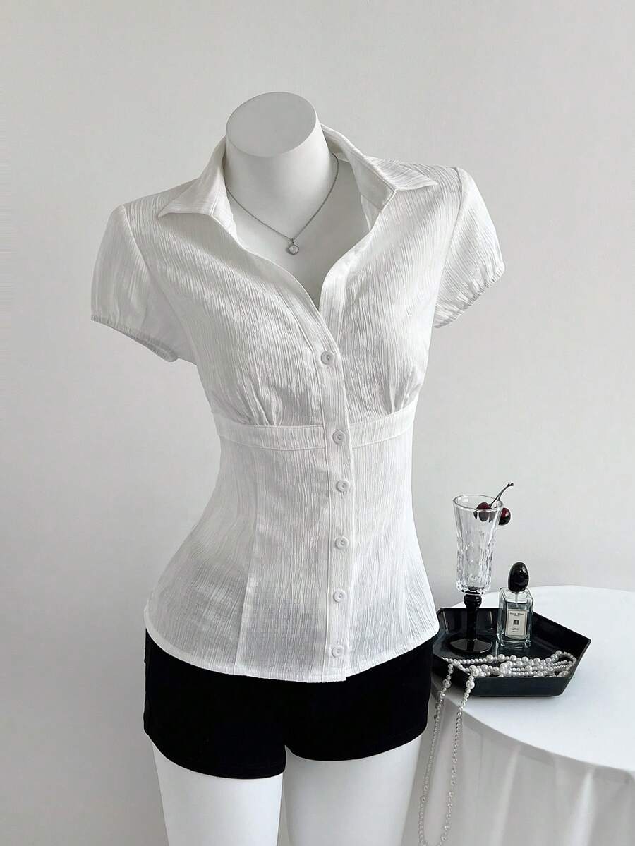 Elamini 女士白色V领收腰纹理短袖衬衫，春夏款 - 白色 - 查看 1