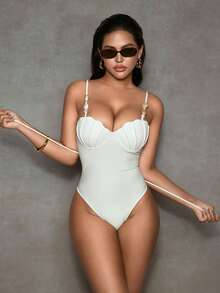 Shapewave 女士收腹贝壳杯钢圈褶皱连体泳衣，精致度假装 - 米色 - 查看 7