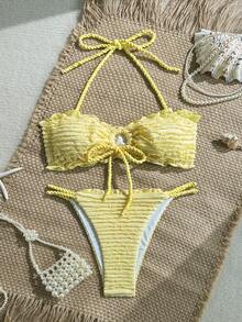 Swim Mod Women's Swimsuit Set, Elegant & Sweet Solid Color Textured Fabric Macrame Strap Two Pieces Swimwear, Suitable For Beach & Vacation, Spring/Summer - Yellow - View 8