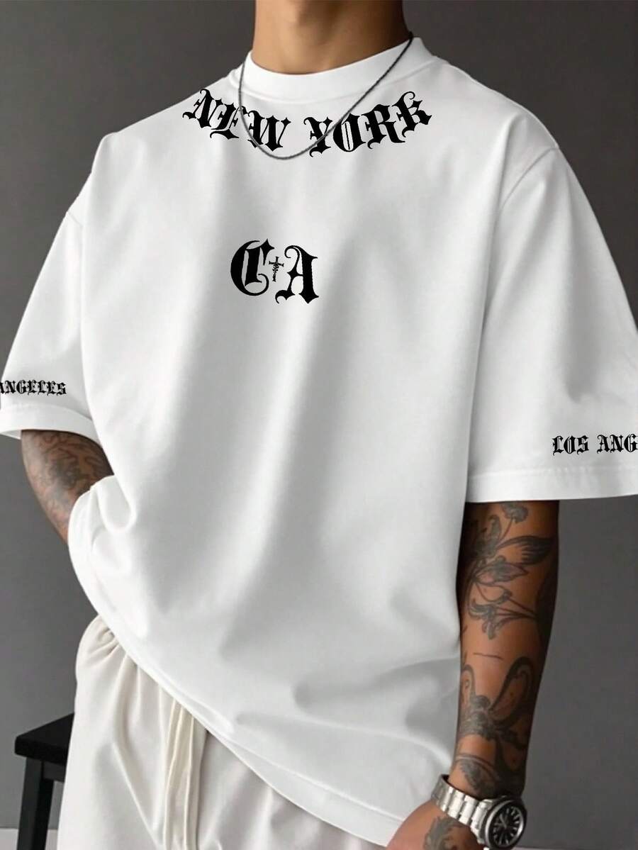 Manfinity EMRG 男士字母印花圆领短袖休闲百搭T恤 - 白色 - 查看 1