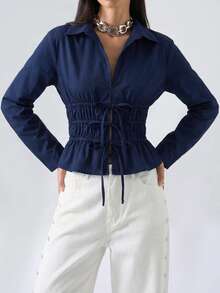 LYSMO Women's Dark Blue Top, Sexy Collared Blouse With Lace Up Tie Front Detail - Navy Blue - View 1