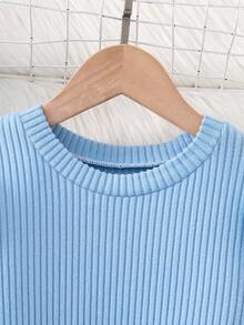 SHEIN 1 buah Gaun Rajut Bergaris Lengan Panjang Leher Bulat untuk Anak Perempuan dengan Hiasan Bunga di Bagian Bawah, Manis & Feminin, Musim Gugur - Biru - View 6