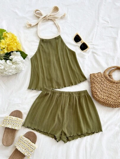 Soleia Nytt set med enfärgad rygglös ärmlös topp och shorts för kvinnor, bohemisk, bohemisk, romantisk blommig, semester, blommig stil för fest, dejt, alla hjärtans dag, påsk, karneval, eftermiddagste, strand, kryssning, stadssemester