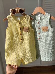 SHEIN Bộ 2 món/Bộ quần áo liền thân không tay họa tiết gấu dễ thương màu kẹo dành cho bé trai/bé gái sơ sinh, phù hợp cho mùa xuân/hè, tiệc sinh nhật, đám cưới, tiệc chào đón em bé - Nhiều màu - Xem 7