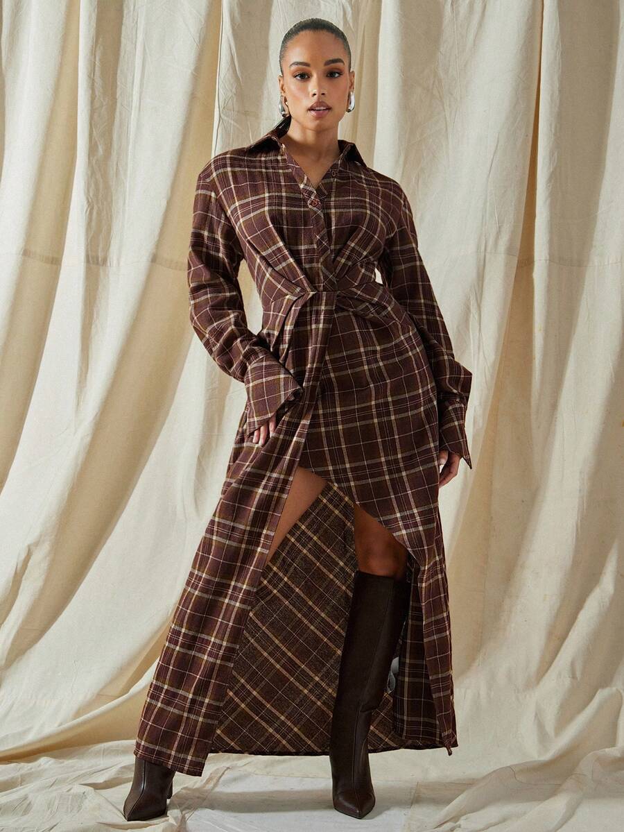 Vixey Váy Maxi Tay Dài Cổ Lông Cừu Nâu - Nhiều màu - Xem 1