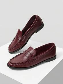 MOTF WOMEN PU LEATHER FRILL TRIM LOAFERS SHOES FOR CHRISTMAS - Burgundy - View 9