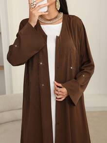 Al Najma Women's Loose Fit Elegant Rhinestone Embellished Robe, Black Abayas - Coffee Brown - View 4