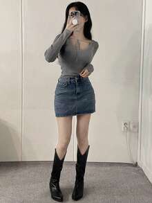 DAZY High Waist A-Line Mini Slimming Lift Buttocks Women Pocketed Denim Skirt - Medium Wash - View 5