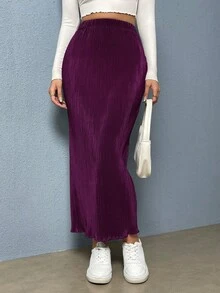 SHEIN Essnce Falda elegante ajustada con ribete de lechuga de unicolor - Rojo violeta - Ver 5