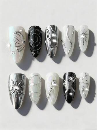 Goth 10 pezzi di unghie finte stile dolce e fresco con sole fatti a mano + 3 pezzi di adesivo biadesivo, adesivi per unghie a spirale dipinti a mano rimovibili in stile Y2K, set di arte per unghie di alta qualità con patchwork di paillettes, adatto per feste, danza e uso quotidiano