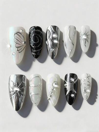 Goth 10pcs Sweet & Cool Style Sun Handmade False Nails + 3pcs Double-Sided Adhesive, Removable Y2K Hand-Painted Coil Nail Stickers, High-Quality Sequin Patchwork Nail Art Suitable For Festival Parties, Dance, And Daily Wear