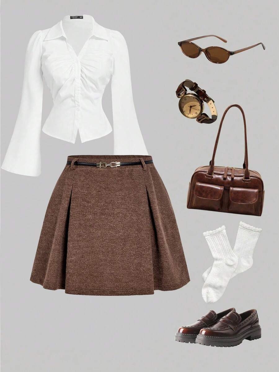 SHEIN MOD Gonna a vita alta a-line di taglia grande marrone con cintura in metallo, in tessuto di lana cotta, adatta per autunno/inverno e primavera - Castano - Visualizzare 1