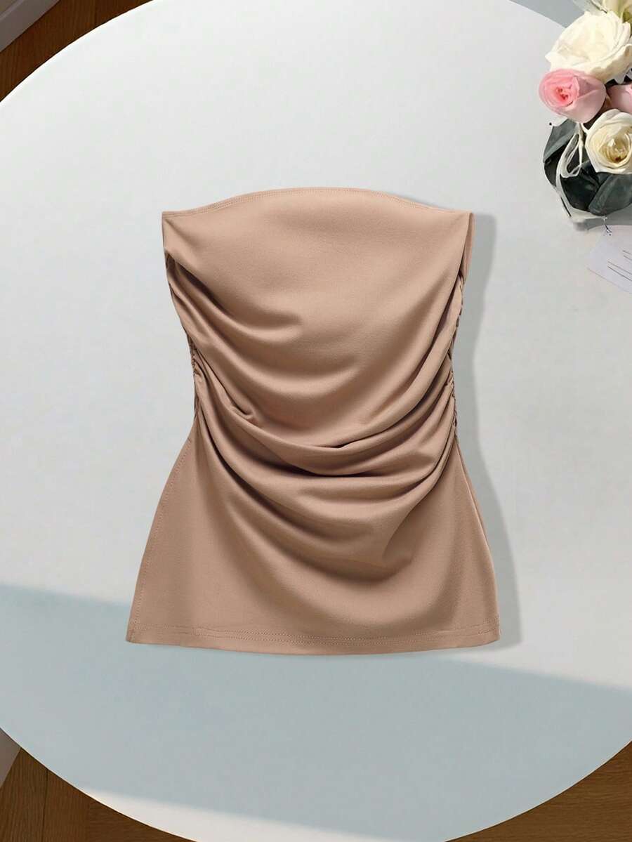 Comfortcana Women's Solid Color Pleated Strapless Top,Ladies Casual Ruched Strapless Slim Fit Khaki Plain Women Tops,Spring/Summer,Casual Daily Wear - Khaki - View 1