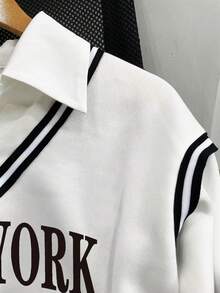 INAWLY 大码“纽约”字母图案翻领运动休闲卫衣，学院风上衣 - 白色 - 查看 3