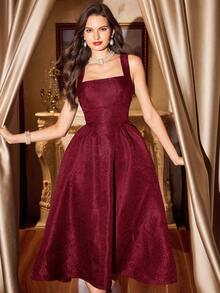 Vintamour فستان نسائي أنيق بتصميم كلاسيكي مع جيوب، فستان جاكار، فستان منتجع، فساتين أنيقة للحفلات، فساتين حفلات طويلة، فساتين حفلات نسائية، ملابس خريفية نسائية، أزياء الهالوين، ملابس شتوية، فستان شتوي للكريسماس، ملابس خريفية نسائية، ملابس الهالوين نسائية، ملابس الكريسماس نسائية، فستان حفلة الكريسماس، فساتين أنيقة للحفلات - عنابي اللون - مشاهدة 3