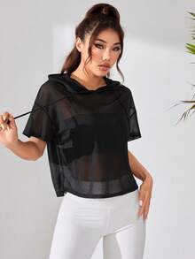 Velisys 2件装女士纯色短袖抽绳连帽宽松卫衣透视网纱上衣女式薄纱上衣 - 黑色 - 查看 3