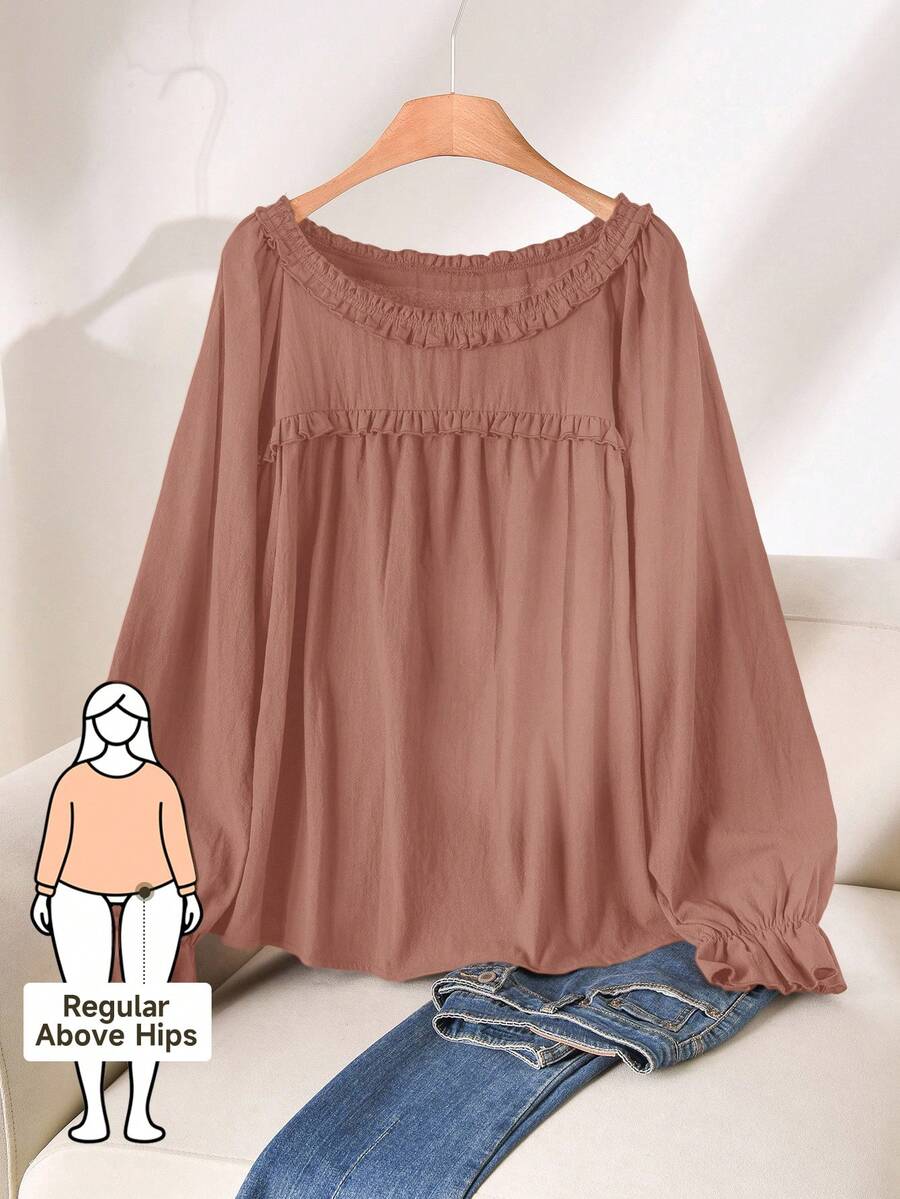 CosyJoli 大码女式荷叶边圆领长袖休闲棕色衬衫，百搭日常穿着 - 珊瑚粉 - 查看 1