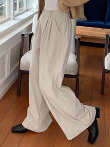 Dazy Tall 高个女式罗纹褶裥直筒休闲裤 - 米色 - 查看 6