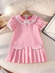 Elladie kids Young Girls Dress, Collegiate Style, Versatile, Petite Collar Design In Pink & White, Classic & Elegant, Ribbon & Bow Decor For Cute & Playful Look, Pleated Hem, Suitable For School, Events, And Everyday Wear - Pink - View 4