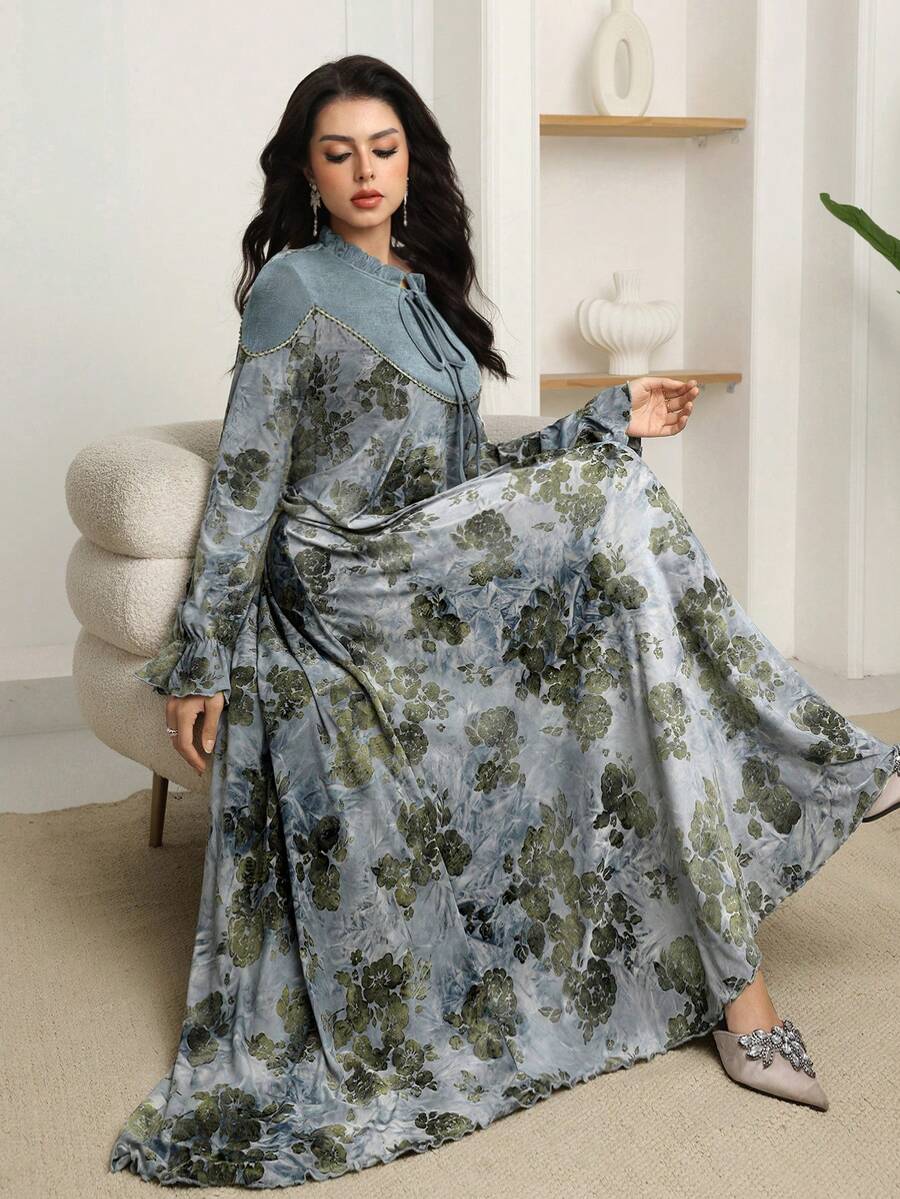 SHEIN Najma Women's Loose Fit Ruffled Hem Long Sleeve Dress, Autumn/Winter - Baby Blue - View 1