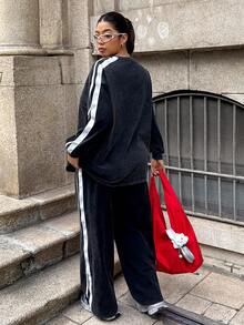 Muchica 两件套加大码休闲套装 - 宽松长袖T恤（绣有英文字母）和宽松运动裤，黑色混纺 - 黑色 - 查看 2