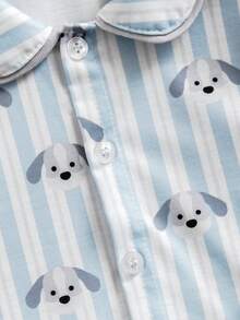 男婴舒适柔软睡衣套装，长袖开衫和裤子，可爱小狗蓝白条纹 - 彩色 - 查看 4