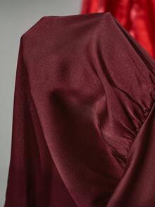 Lyxana Women's Fashion Elegant Commuter Style Wide Lapel Crossover Neckline Pleated Waist Split Dropped Shoulder Long Sleeve Bodysuit Red Leather Skirt Dark Red Top Wine Red Top Burgundy Blouse Maroon Top - Burgundy - View 7