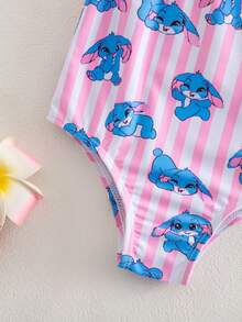 SHEIN 女婴无袖兔子印花3D花卉装饰连体泳衣，夏季 - 粉色 - 查看 7