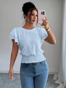Elenzga Women's Summer Casual Vacation Jacquard Round Neck Ruffle Sleeve T-Shirt - Baby Blue - View 3