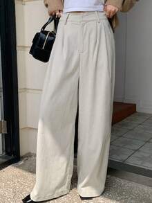 Dazy Tall 高个女式罗纹褶裥直筒休闲裤 - 米色 - 查看 5